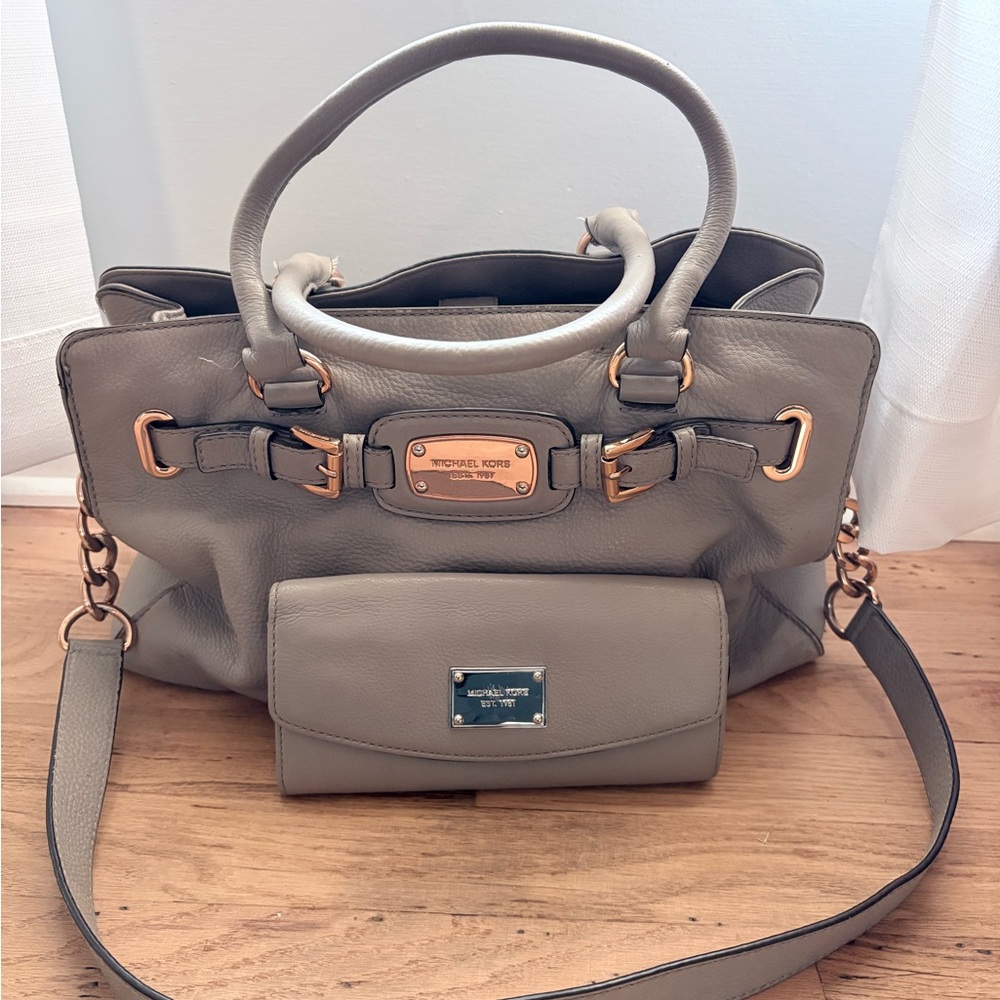 Michael Kors Hamilton Satchel in pearl gray leather with matching wallet.